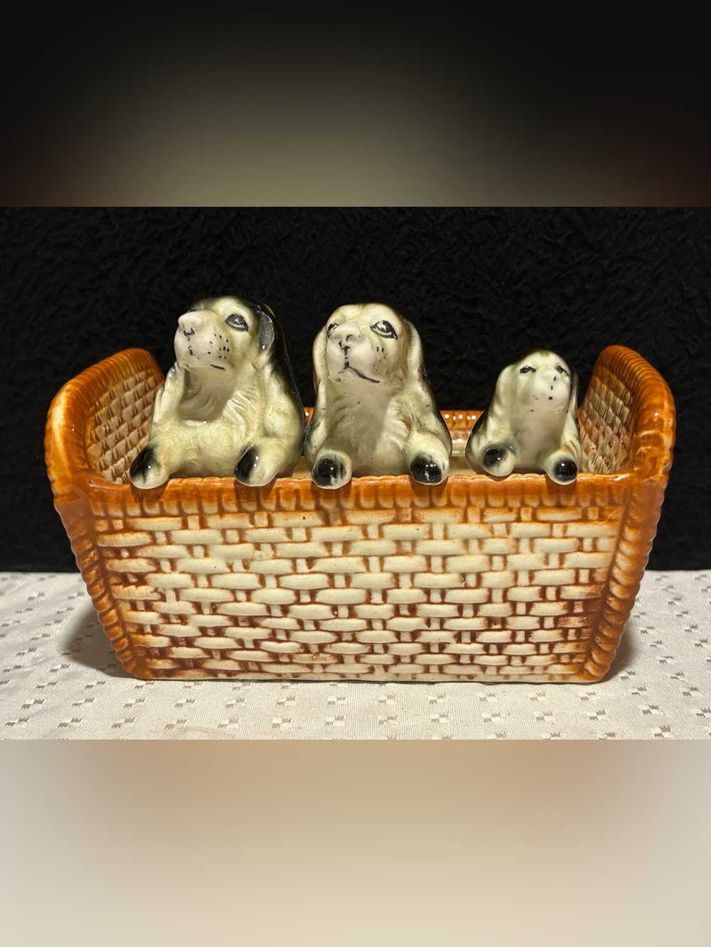 Vintage Napco Spaniel Dog Family Wicker Basket Planter
